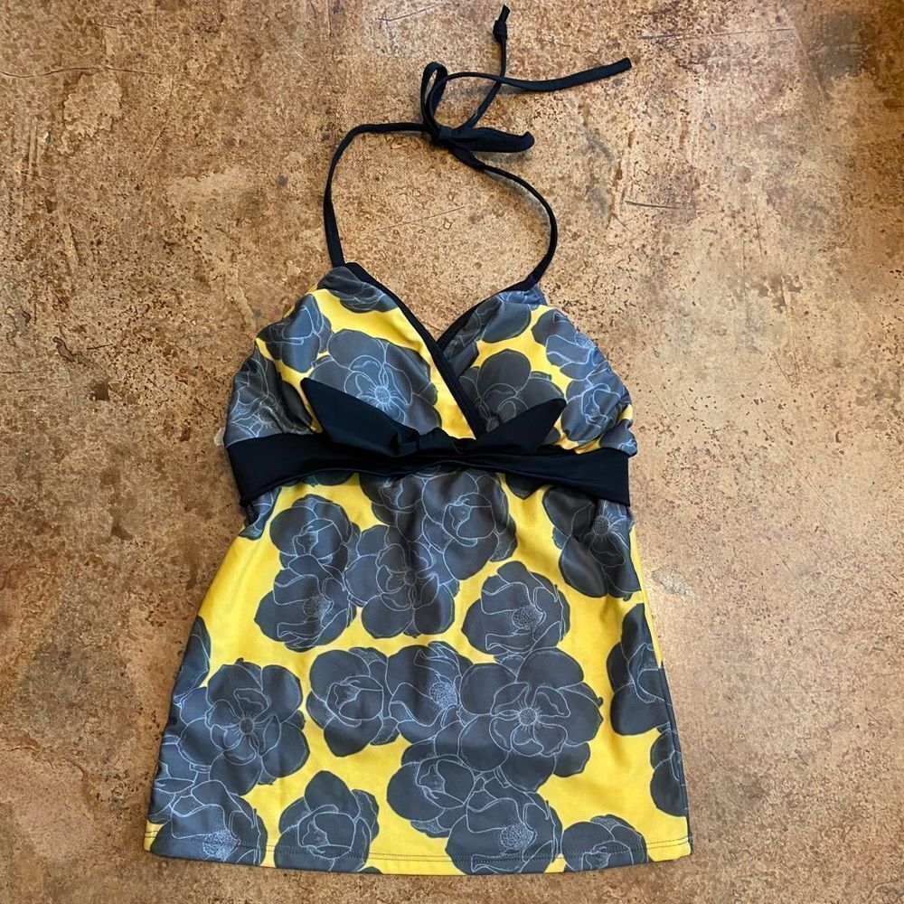 Lime Ricki Black And Yellow‎ Floral Surplice Tankini Swim Top